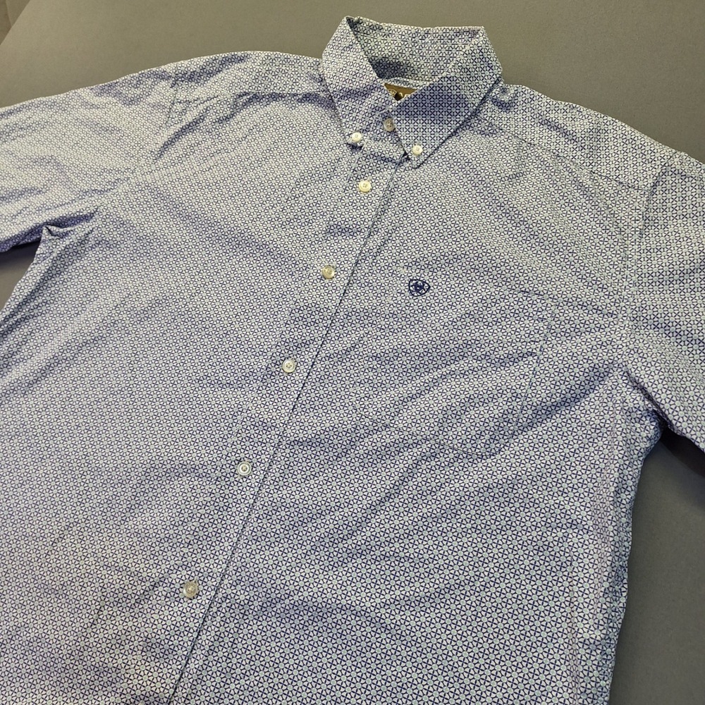 Ariat Mens Blue White Geometric Print Short Sleeve Button Down Shirt Large Rodeo